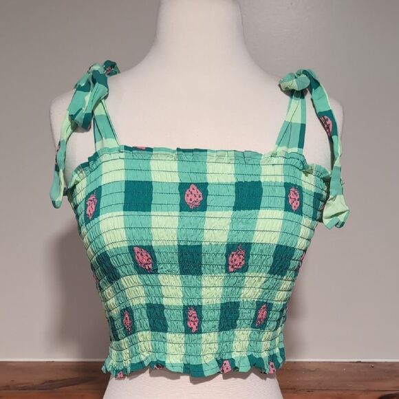 BP Green and White Smocked Crop Tank Top - Picture 1 of 5